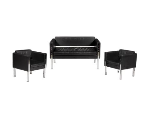 MILANI, ONLY, A THREE PIECE LOUNGE SUITEBlack leather with chromium plated slips and legs, fabric labels The two seater sofa 