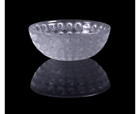 LALIQUE, CRYSTAL LALIQUE, A CLEAR AND FROSTED GLASS 'NEMOURS' BOWL MODERNEach daisy with an enamelled black centre25.5cm diam