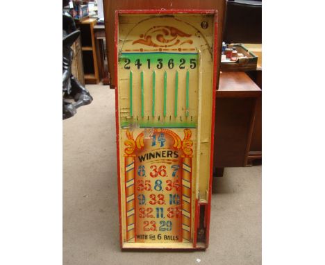 A wooden funfair sign, 'Bagatelle" style game.
118 x 46cm, a/f.
Ball striker and balls missing. 