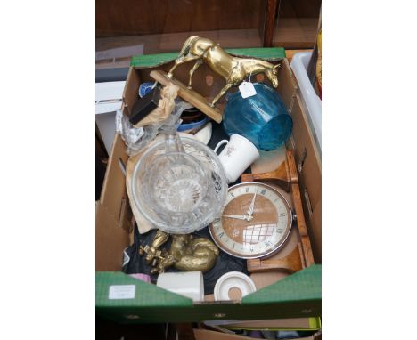 Box of glass, ceramics to include brass ware &amp; mid century mantle clock