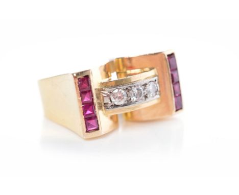 ART DECO EIGHTEEN CARAT GOLD RUBY AND DIAMOND RINGthe architectural bezel with a central diamond set bridge section, with two