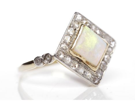 FINE EDWARDIAN OPAL AND DIAMOND RINGthe square bezel set with a central square opal 6.3mm across surrounded by rose cut diamo