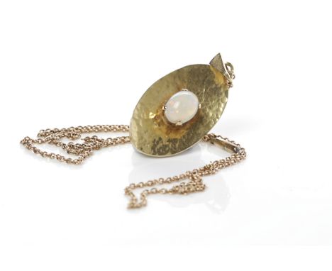 EIGHTEEN CARAT GOLD OPAL PENDANTof oval form, set centrally with an oval opal doublet, on an unmarked chain