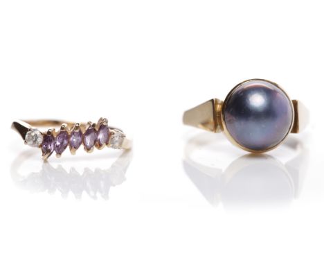 TWO NINE CARAT GOLD RINGSone set with a single pearl, the other set with gems, the pearl ring marked 9k, the other unmarked