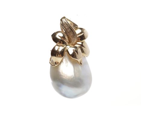 BAROQUE PEARL PENDANTset with a single grey pearl approximately 22mm high, approximately 15mm wide, in an unmarked floral mot