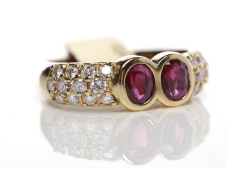RUBY AND DIAMOND RINGset with two oval rubies flanked by pave set diamonds, on a square shank, unmarked, size I