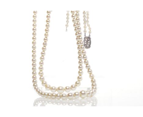 EARLY TWENTIETH CENTURY TWO STRANDED PEARL NECKLACEformed by two rows of graduated spherical white pearls, with a nine carat 