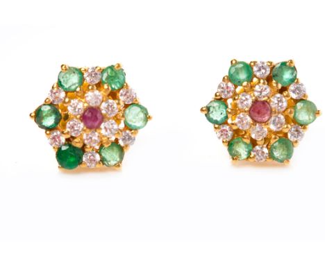 PAIR OF EMERALD, RUBY AND DIAMOND EARRINGSeach in the form of a snowflake shape, unmarked