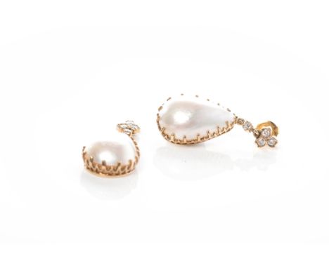 PAIR OF IMPRESSIVE PEARL AND DIAMOND DROP EARRINGSeach formed by a pear shaped pear approximately 20x13mm suspended from four