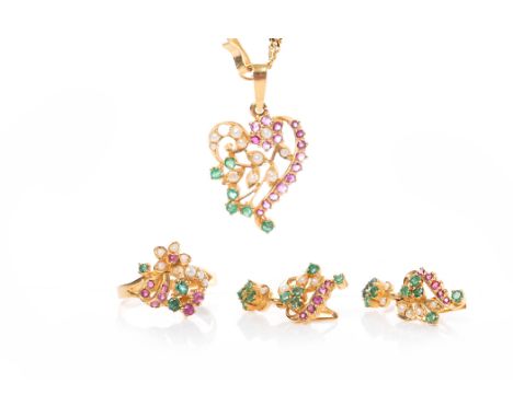 HIGH CARAT GOLD EMERALD, RUBY AND PEARL JEWELLERY SETcomprising an openwork pendant on chain, earrings and a ring, all unmark