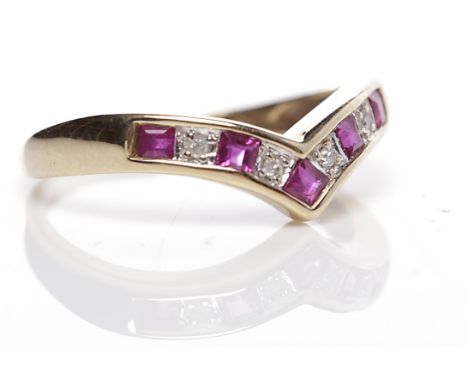 DIAMOND AND RUBY HALF ETERNITY RINGof wishbone form, set with alternating diamonds and rubies, in nine carat gold, size J