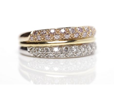 FINE BOODLES PINK AND WHITE DIAMOND RINGset with four rows of pink and white brilliant cut diamonds, in eighteen carat tri-co