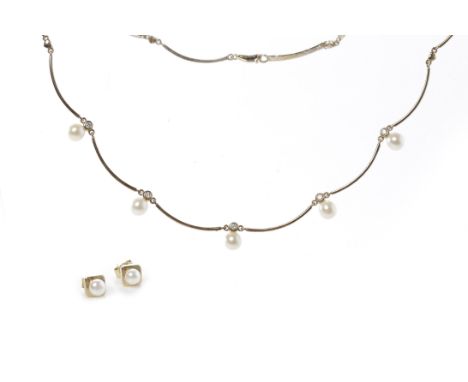 PEARL AND DIAMOND NECKLACEset with round diamonds and spherical white pearls, in nine carat gold; along with a pair of gold p