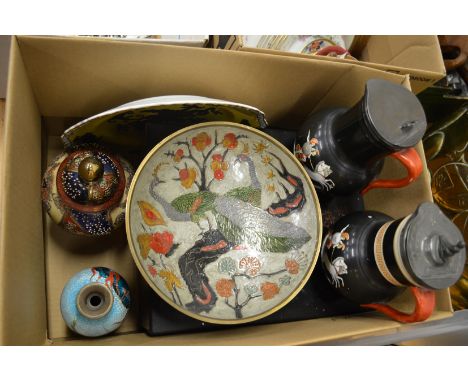Decorative jugs, enamel bowl and other items.