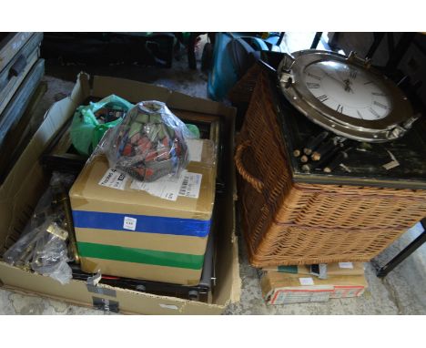 Various decorative and collectable items to include a Art Nouveau style lamp shade, porthole style clock etc.