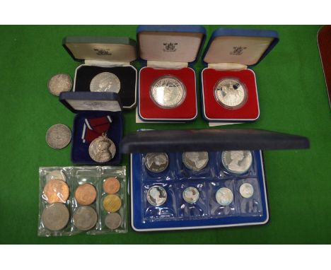 Various coins together with a Natural Trust silver medal.
