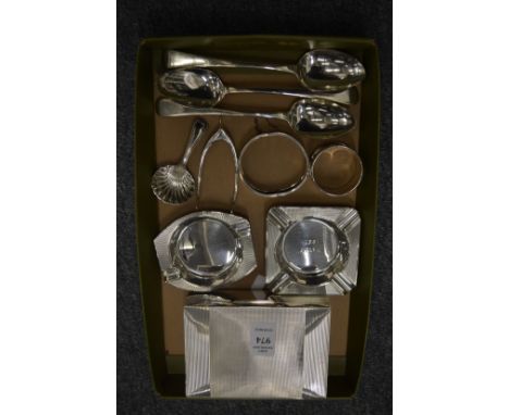 Silver cigarette case with engine turned decoration together with other items of small silverware.