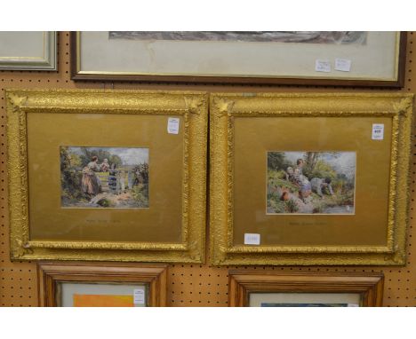 Myles Birket Foster, children by a pond and mother and children by a farm gate, colour prints in decorative gilt frames.