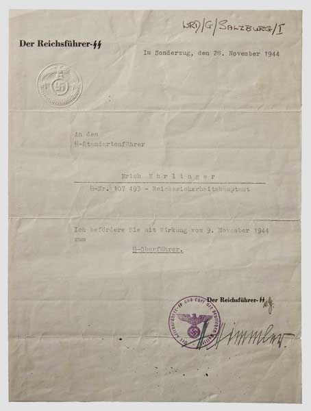 SS Standartenführer Erich Ehrlinger - a Promotion Document Dated 28 ...