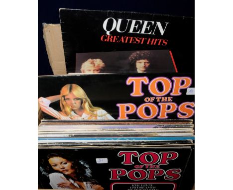 Box of various LP records including Top Of The Pops, Culture Club, Bob Dylan, The Spinners, Don Williams etc.