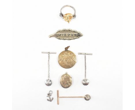 An assortment of 19th Century Victorian and later jewellery pieces. The lot to include a white metal Mizpah leaf brooch, yell