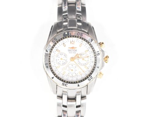 A Sector no limits SGE650 stainless steel wristwatch. The what having a circular white dial, three subsidiary dials, tachymet