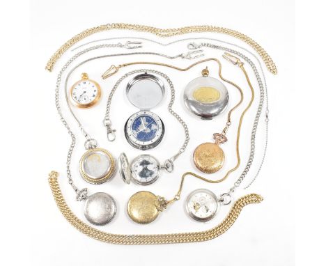 An assorted collection of pocket watches &amp; chains together with pocket compasses. The lot to include; a silver tone moon 