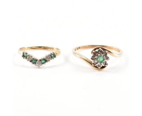 Two hallmarked 9ct yellow gold &amp; emerald rings. The first having a chevron head set with alternating round cut white &amp