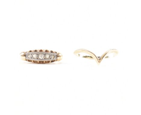 Two 20th Century gold rings. The lot to include a wishbone ring, hallmarked London 1985, size S, weight 1.9g. Together with a