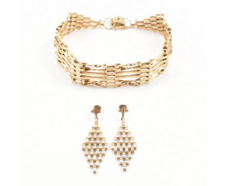 A hallmarked 9ct gold gate link bracelet with a heart clasp together with a pair of matching drop earrings. The bracelet hall
