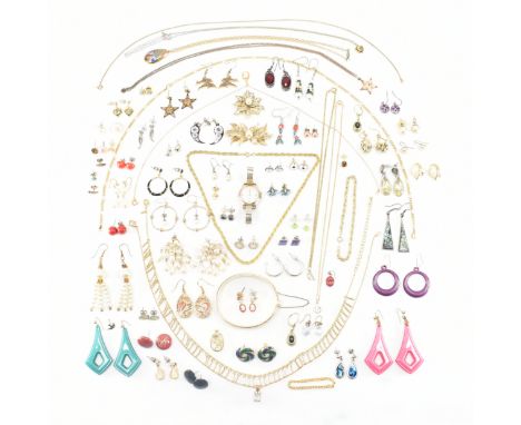 A collection of vintage costume jewellery. The lot to include drop earrings, stud earrings, pendant necklaces, brooches, a Ro