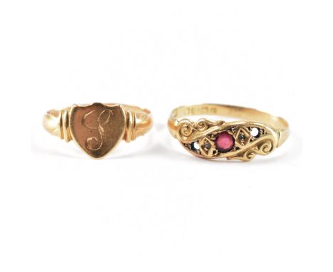 Two hallmarked 18ct yellow gold A/F rings. The first being a signet ring with shield head &amp; etched initial to decorative 