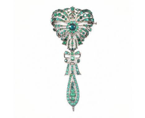 A 19th century French silver &amp; green paste articulated bodice pendant brooch pin. The brooch having a central round cut g