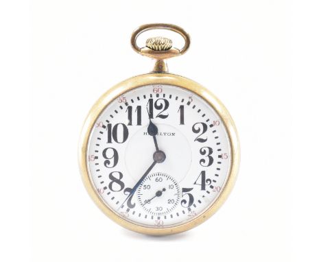 An early 20th Century Hamilton gold plated open face pocket watch. The watch having an open face with white dial, arabic nume