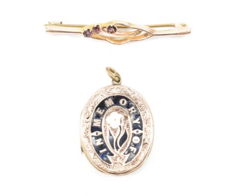 A gold bar brooch together with a gold front and back enamel mourning locket. The locket of oval form with black and white en