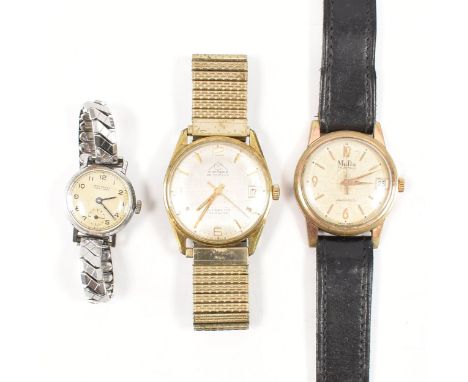 A group of three vintage wrist watches. The lot to include a MuDu double matic 25 jewels wrist watch on a black leather strap
