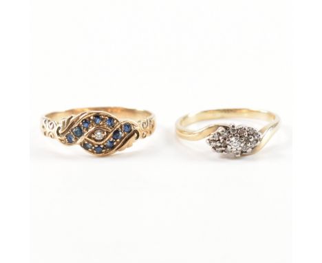 Two hallmarked 9ct yellow gold &amp; diamond rings. The first ring having a cluster of diamonds to a crossover setting, hallm