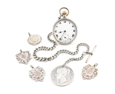 A hallmarked silver Albert pocket watch chain together with fob medals &amp; pocket watch. The white metal pocket watch havin