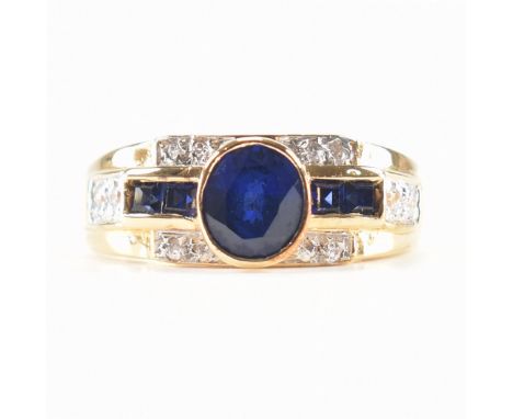 A group of twelve gold plated silver blue and white stone rings. The rings having central oval cut blue stones with white acc