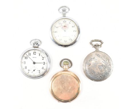 A collection of four pocket watches. The lot to include; a gold plated star dennison watch case co ltd, football silver tone 