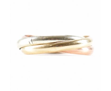 A hallmarked 9ct gold three tone three band ring. The ring being having three intertwined D formed gold band rings. Hallmarke