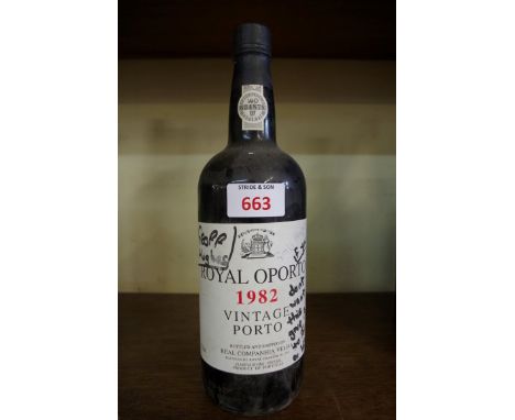 A bottle of Royal Oporto 1982 vintage port.   Condition Report:  Label inscribed in ink.Provenance: From the estate of the la