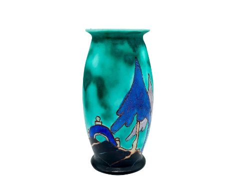 A hand painted Art Deco vase decorated in an abstract geometric landscape in a colorful palette. Clarice Cliff for Newport Po