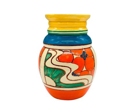 A beautiful hand painted Art Deco vase decorated in an abstract geometric flowers and sunrise in a colorful palette. Clarice 