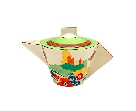 A hand painted Art Deco covered tea pot decorated in a colorful abstract landscape. Clarice Cliff for Newport Pottery backsta