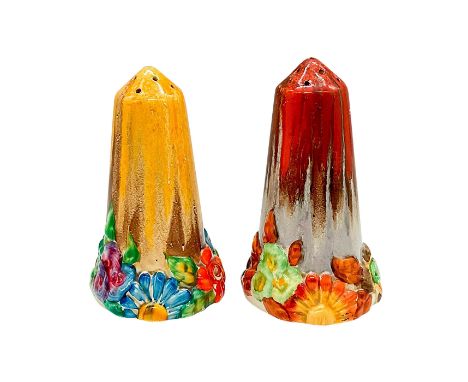 A colorful hand painted Art Deco cone shaped shaker decorated with flowers reliefs. Clarice Cliff for Wilkinson Pottery backs