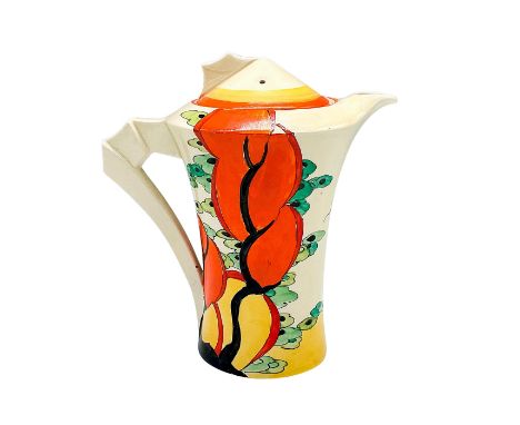 A hand painted Art Deco covered pot decorated with an abstract trees. Clarice Cliff for Newport Pottery backstamp. Artist: Cl