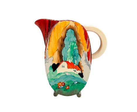 A hand painted Art Deco ceramic pitcher depicting a colorful abstract landscape. Clarice Cliff for Newport backstamp. Artist: