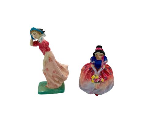 Vintage figurines featuring a seated Monica M66 in a purple and pink dress. And Windflower M78 in a pink dress.Windflower 4"H