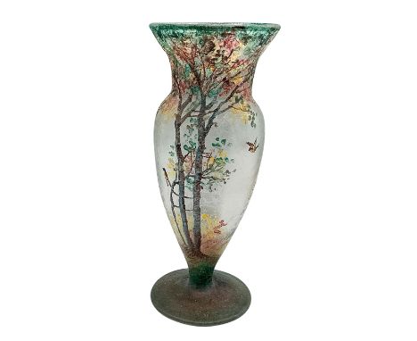 A beautiful baluster-shaped vase in a chipped ice finish with an obverse-painted enamel woodland scene. Model number 4216. Ha